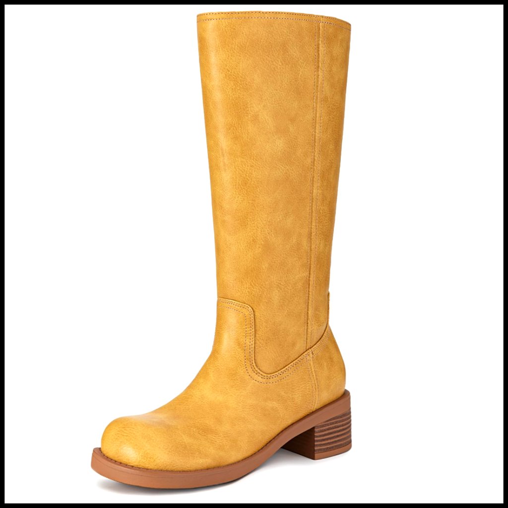 Knee High Square Toe Chunky Block Heel Riding Boots Slip On Comfortable